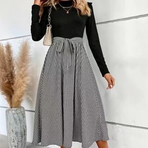 Houndstooth Print Splicing Dress, Elegant Mock Neck Long Sleeve Dress